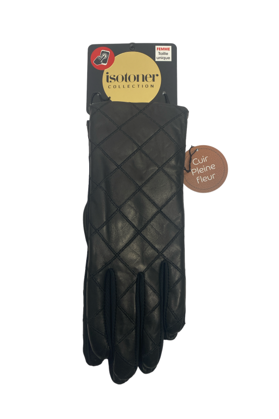 Gant noir surpiqué tactile en cuir et lycra taille unique
