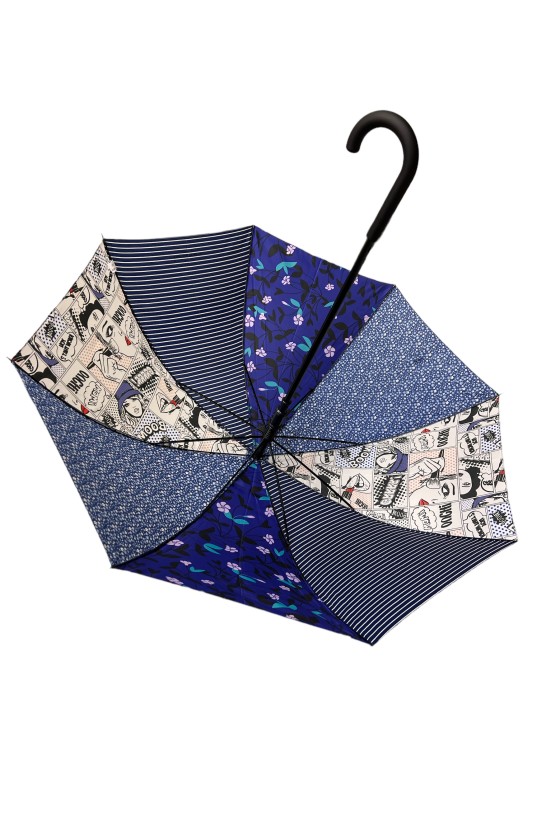 Parapluie canne automatique motif "patchwork bleu"