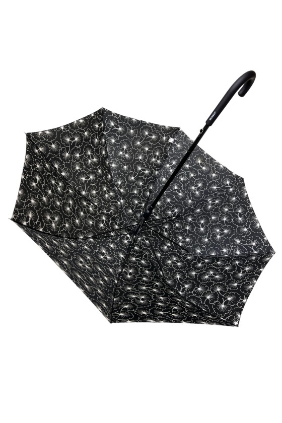 Parapluie canne automatique motif "ginkgo noir"